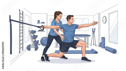 Male client performing suspension lunge exercise with personal