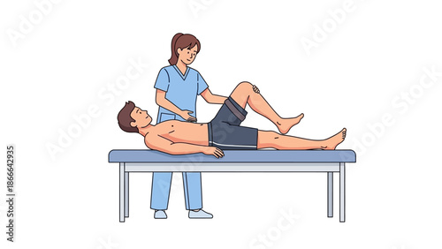 Physiotherapist performing manual leg raise rehabilitation on patient