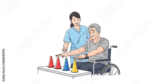Physiotherapist helping senior man perform rehab exercises in a