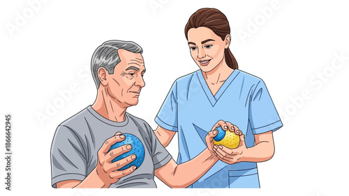 Elderly patient performing hand strengthening exercises with stress