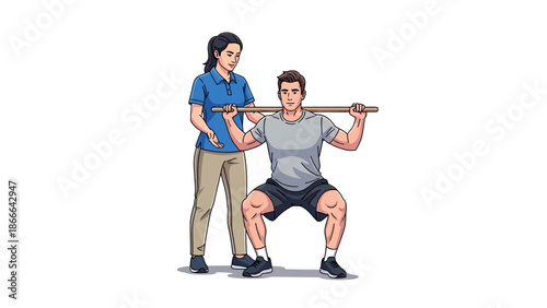 Male athlete performing assisted barbell squat physical therapy
