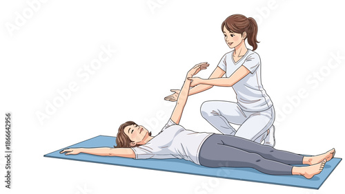Physical therapist performs arm range of motion stretching with