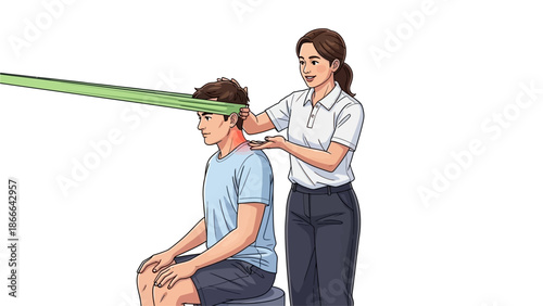 Physiotherapist assists male patient with neck resistance band