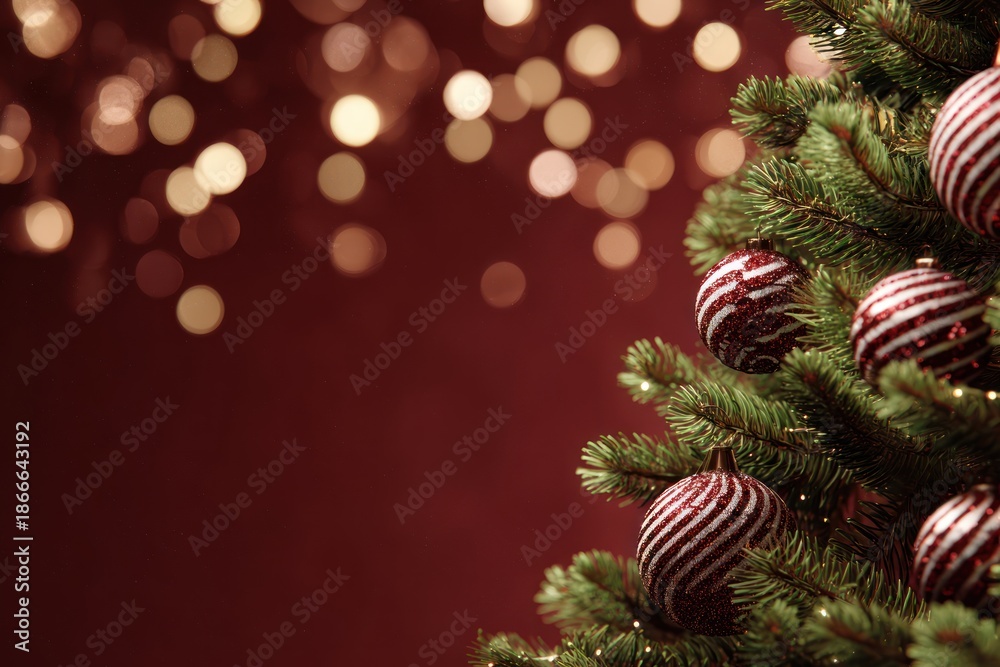 Fototapeta premium Christmas Tree Ornaments On Green Pine Branches With Red And White Glitter Balls And Soft Bokeh Lights