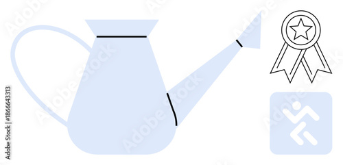 Growth, gardening, sports motivation, achievement, personal development, fitness. A watering can, star ribbon badge and a running athlete icon. Growth and achievement conceptual design