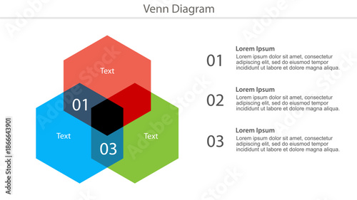 Colorful hexagon Venn diagram template with numbered text areas and example text.