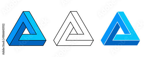 Set of three impossible triangle illustrations in various color representations.
