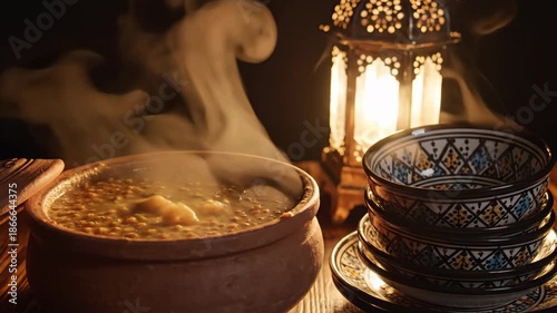 The warm, steaming bowl of traditional lentil soup, ready for the evening meal, symbolizes the joyous celebration of ramadan iftar and the forthcoming festive conclusion of eid al fitr, marking.