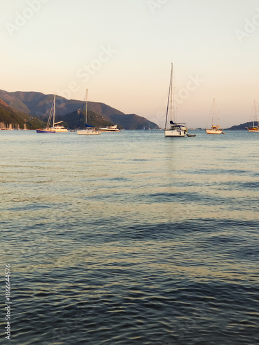 beautiful ships and boats are moored near the shore