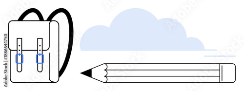 Education, creativity, school supplies, graphic design, learning concepts, organization. A backpack, pencil and a cloud in minimalist style. Education and creativity focus strongly