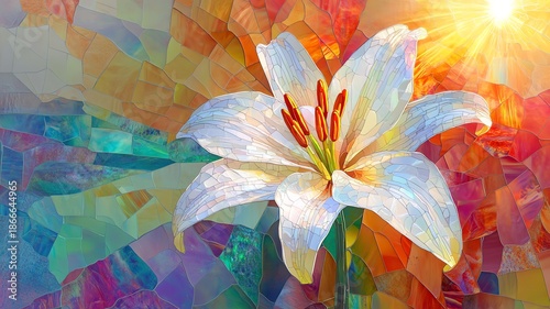 Stained glass artwork depicting a white lily, sunbeams coming from the corner
