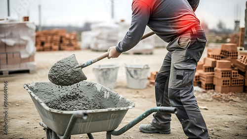 Construction worker shoveling cement with lower back pain. Manual labor and occupational injury concept.