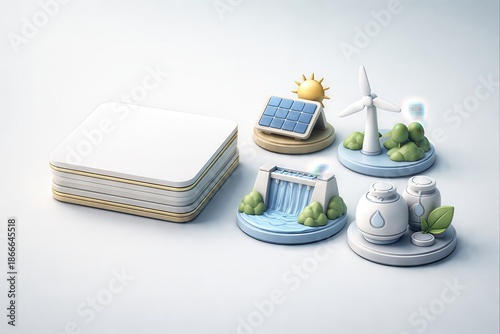 Innovative renewable energy icons featuring solar panels wind turbines and hydroelectric dams symbolizing sustainable development and future energy solutions