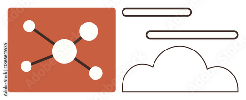 Cloud computing, data networks, technology infrastructure, digital storage, online systems, connectivity. A cloud and network nodes on a colored background. Cloud computing and data networks concept