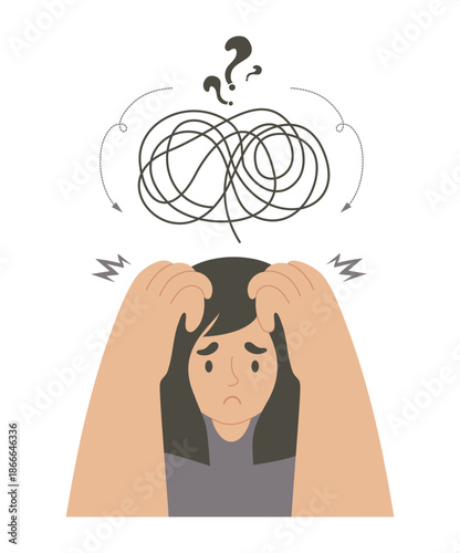 Mental Health. Sad Woman Under Stress with Tangled Thoughts Messy Mind Knot and Question. Vector Illustration. Not AI
