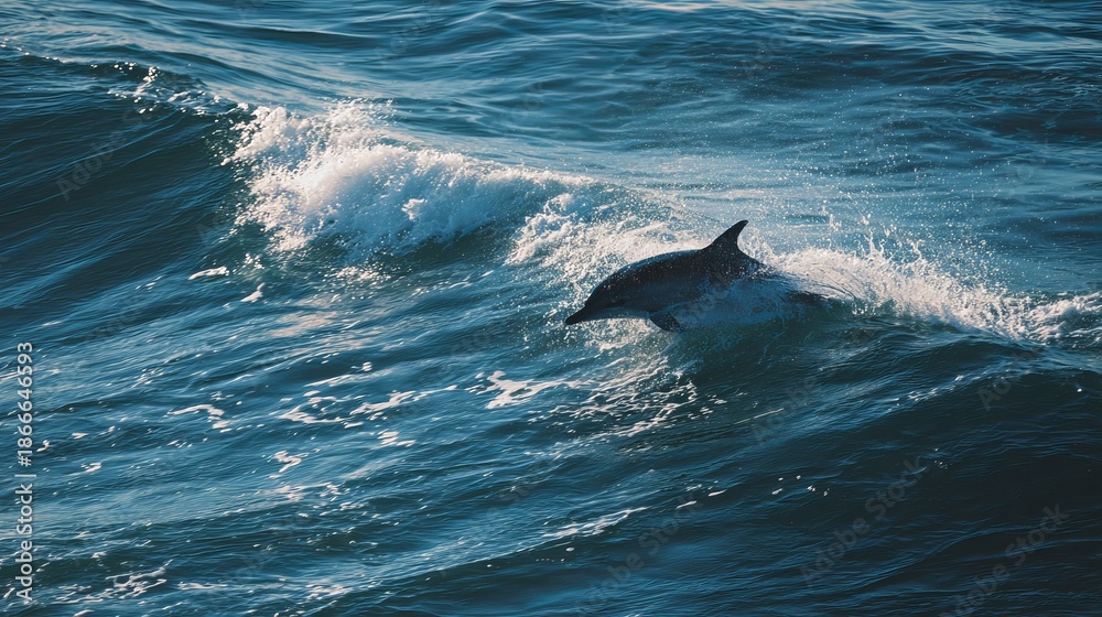 Fototapeta premium A dolphin swims through the ocean waves, showcasing its agility and playfulness in its natural habitat.