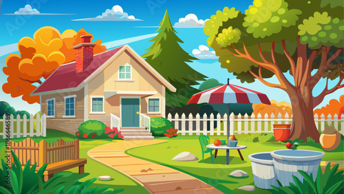 Cozy suburban backyard with lawn, trees, and white fence on sunny day