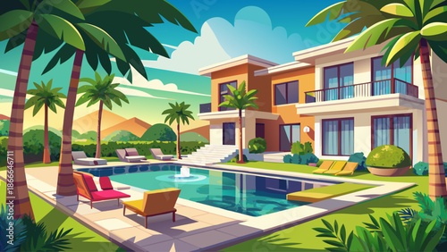 Luxury backyard with swimming pool, palm trees, and modern villa