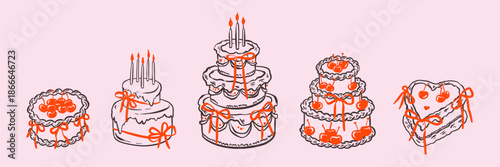 Set of hand drawn doodle crayon birthday cakes with cute pink bows, cherry decoration, icing. Bachelorette party, Valentines day, wedding vintage whimsical coquette cake. Girly cream heart dessert