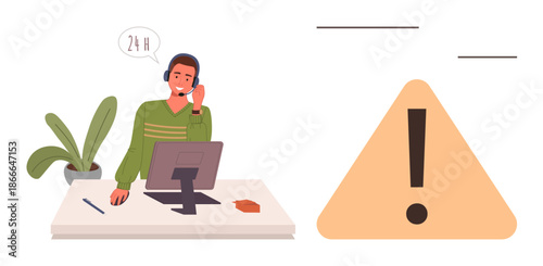 Customer support, warning systems, technical help, communication services, business operations, alert management. Male worker with headset at desk near alert sign. Customer support and warning