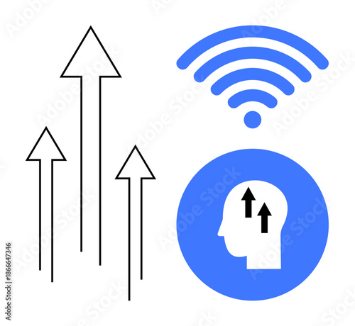 Growth concept. Growth ed by upward arrows, wireless symbol, and human mind. Growth linked to innovation, progress, and connectivity. For business, education technology communication design
