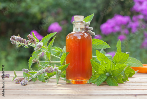 mint essential oil in  beautiful bottle on table