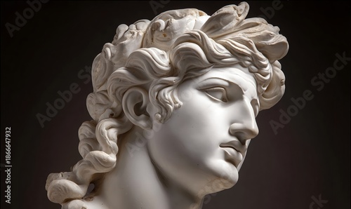 A museum quality classical marble bust of Apollo captured with dramatic light and shadow interplay