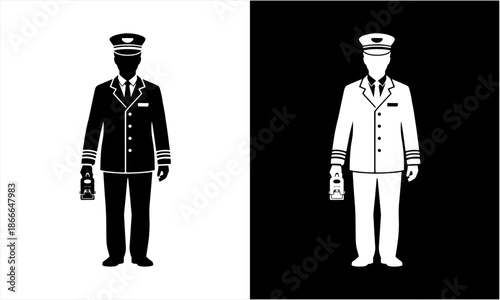 Professional train conductor in uniform, standing with a ticket puncher.