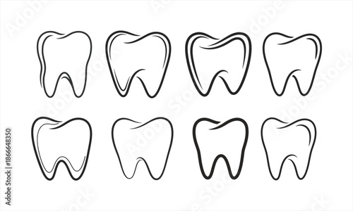 Set of Hand-Drawn Tooth Outlines for Dental Health and Oral Care Concepts.