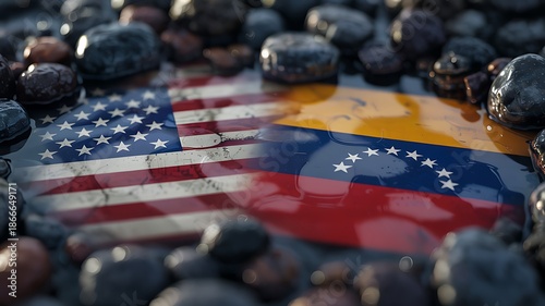 American and Venezuelan flags on wet stones symbolizing diplomacy