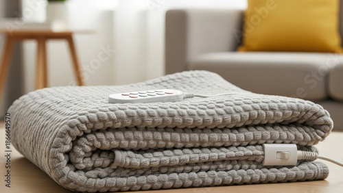 Folded Electric Throw Blanket with Remote Control on Textured Fabric Surface