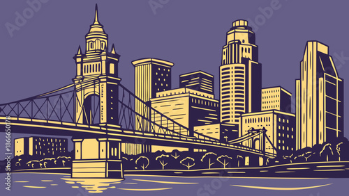 Cincinnati skyline, unique from cleveland, features iconic ohio bridge. Great for citythemed designs, travel brochures, and promotional materials.