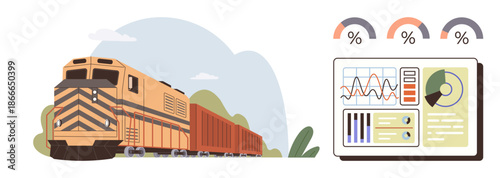 Logistics management, freight analysis, transportation efficiency, supply chain operations, data visualization, performance tracking. Freight train with cargo and statistical dashboard. Logistics