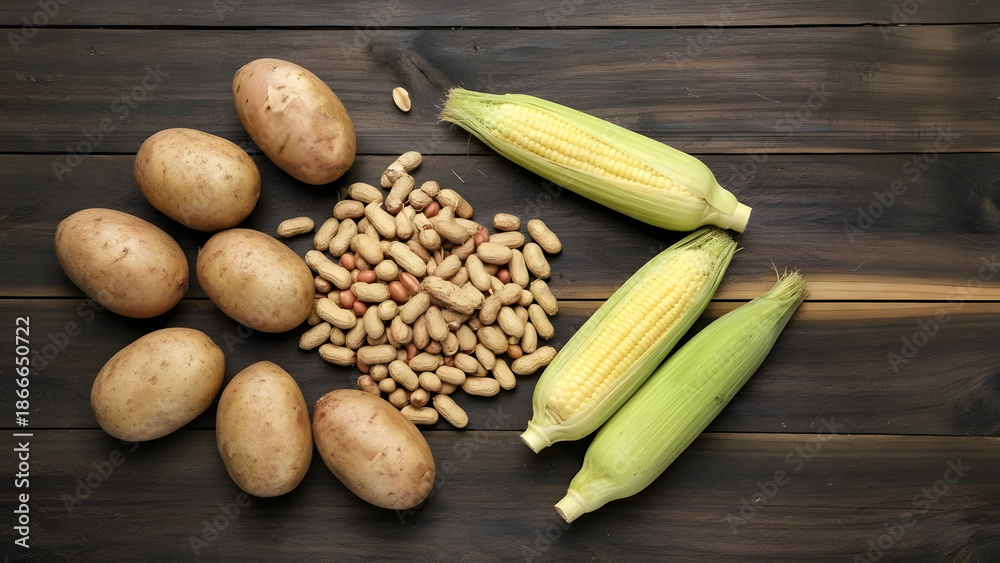 Obraz premium A top-down view of raw potatoes, peanuts, and fresh corn cobs on a dark wooden surface