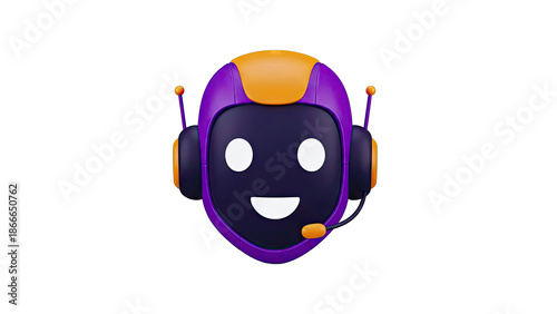3D Rendered Purple and Orange Robot Head with Headset