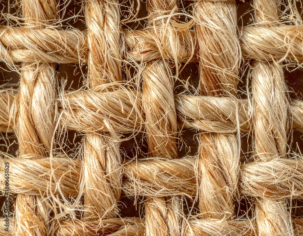Fototapeta premium Woven Texture Close-up: A detailed view of natural jute fiber woven in a tight pattern, showcasing the intricate texture and organic quality.