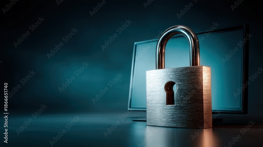 Fototapeta premium Digital security protecting data on monitor, copy space