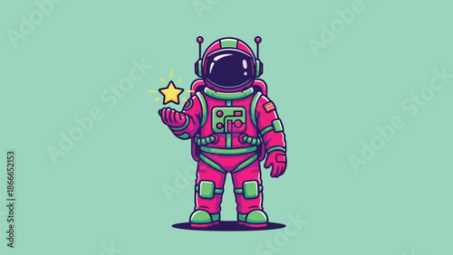 Astronaut Holding a Star in Space Cartoon Illustration.