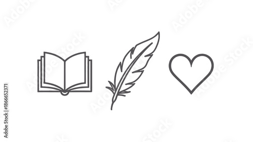 A minimalist illustration showing a book, feather, and heart, symbolizing the love of reading and writing.