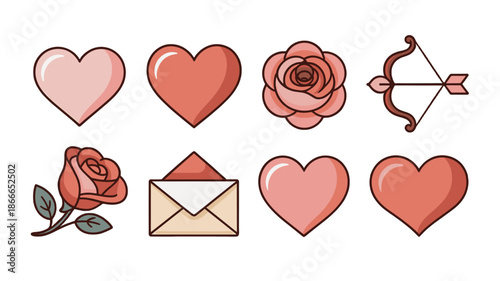A collection of charming love-themed illustrations, including hearts, roses, and a bow and arrow.