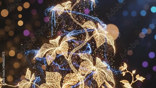 Abstract Glowing Particles Forming Intricate Plant-like Structures with Bokeh Background.