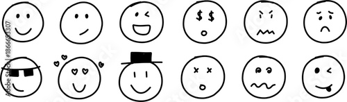 set of hand drawn sketch smiley or emoji faces showing various emotions isolated on white or transparent png