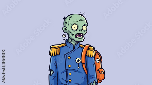 Cartoon Zombie Soldier with Backpack and Pierced Ear.