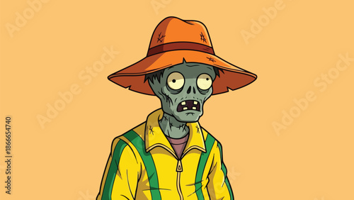 Cartoon Zombie Character with Hat and Yellow Jacket Illustration.