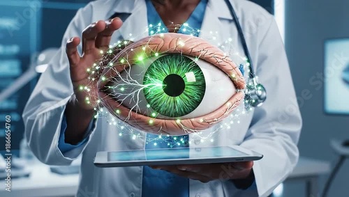 Doctor Interacting with Holographic Eye Display for Ophthalmic Research and Diagnosis.