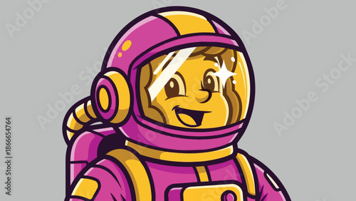 Cartoon Astronaut Character with Pink and Yellow Suit Smiling.