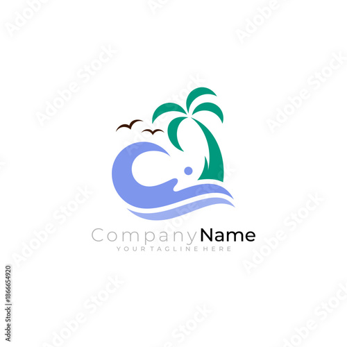 beach atmosphere logo with waves and coconut trees