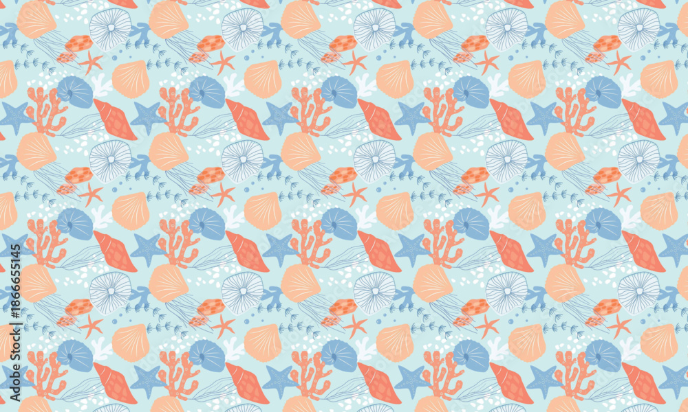 Obraz premium Seamless Hand-Drawn Pastel Underwater Pattern with Seashells and Coral
