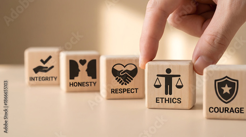 Business Ethics and Courage Concept with Wooden Blocks and Hand