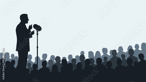 Speaker Silhouette Addressing Diverse Crowd with Microphone on Stage Business Presentation or Political Rally Concept national hat day